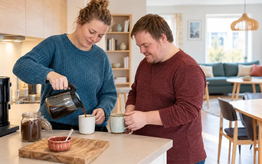Borger og pædagogisk medarbejder laver kaffe sammen på et botilbud