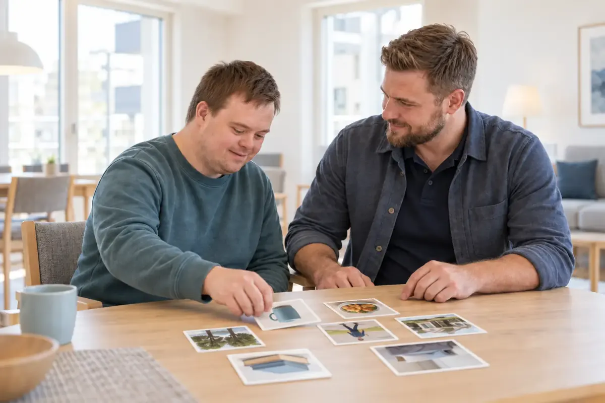 Tryghedsperson og borger skaber struktur med billedkort på et botilbud