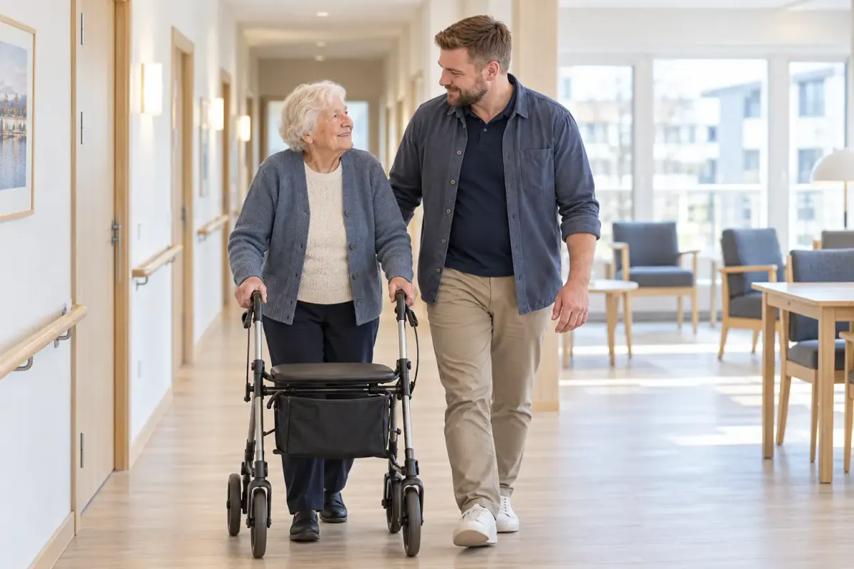 Tryghedsperson går ved siden af en ældre borger med rollator
